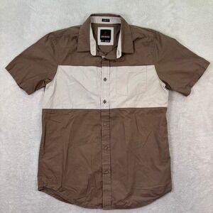 Prana Mens Medium Short Sleeve Button Up Shirt Brown‎ Colorblock Slim Fit Camp
